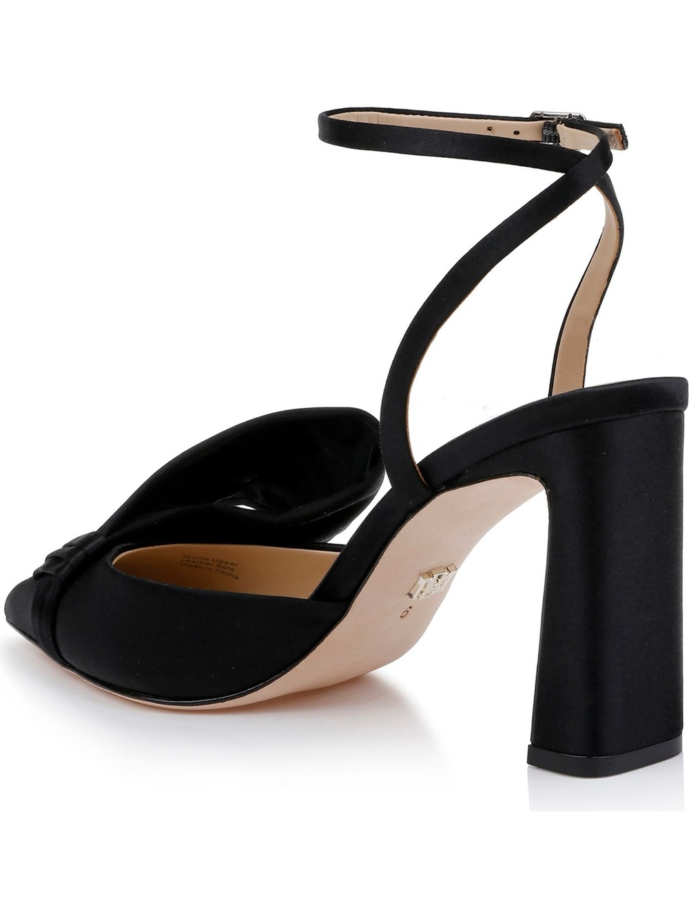 Badgley Mischka Black Satin Knot Pointed Ankle-Strap Block Heel - Picture 2 of 6